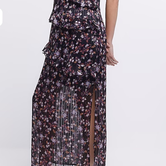 RIVER ISLAND *NWT* Black Floral Frill Slip MIDI DRESS UK 16/US 12 - Picture 2 of 10